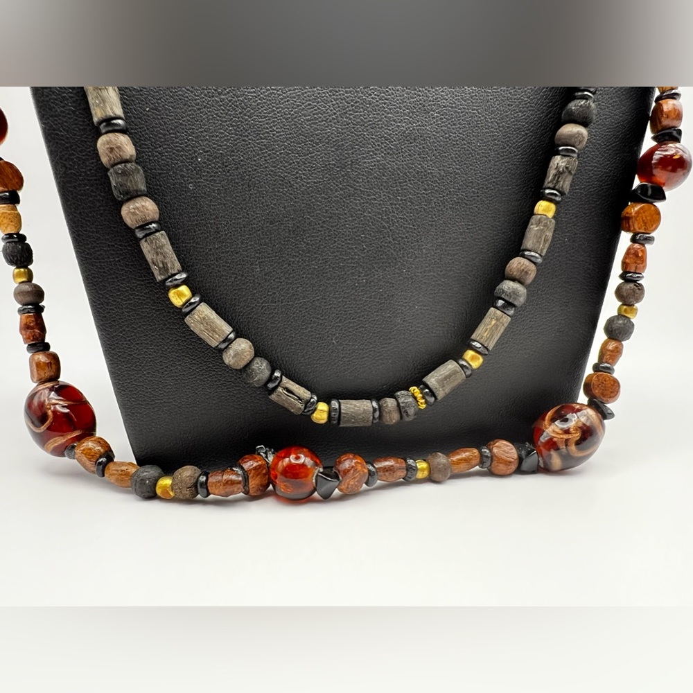 Vintage Wooden Bead and Hand Painted Glass beaded Necklace